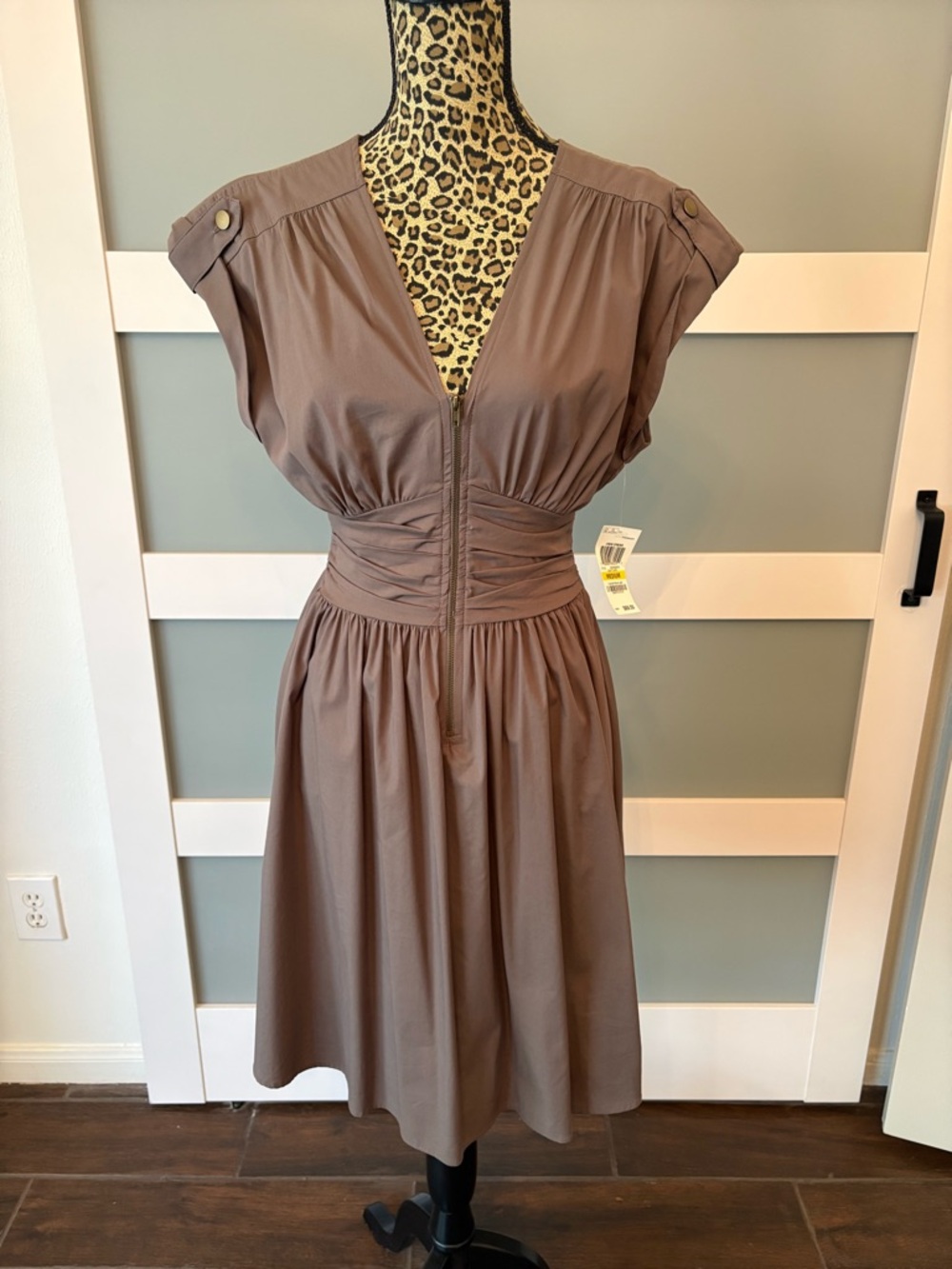Bar III Taupe V-Neck Ruched Waist Midi Dress NWT!!!
